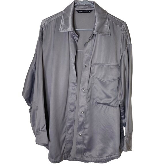 ZARA Satin Effect Snap Front Oversized Shacket Silver Long Sleeve Pocket Shirt S - Picture 8 of 8